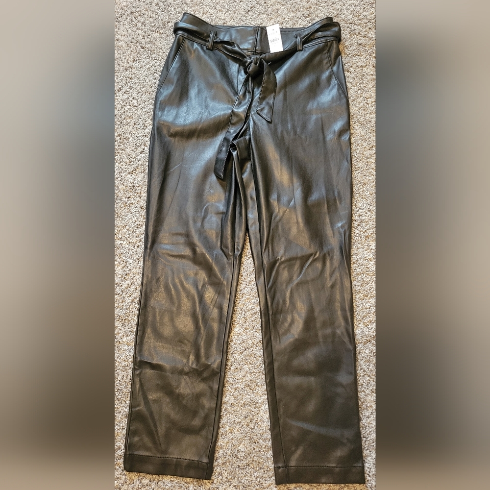 LOFT Women's Black Faux Leather Pants with Tie Belt